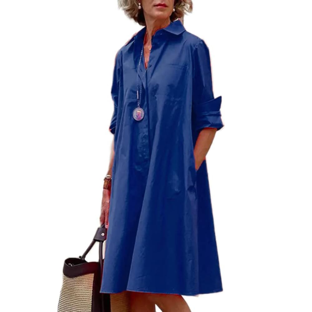 LOAIHA Women's Long Sleeve Button Down Shirt Dress Cotton Linen V Neck Loose Fit Casual Shirt Dresses with Pockets