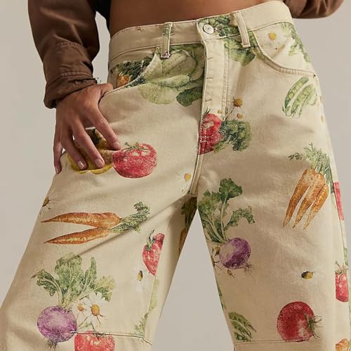 Women's Baggy Boyfriend Barrel Jeans Y2k Floral Print Mid Rise Wide Leg Denim Patchwork Pants Barrel Leg Sweatpants Women3