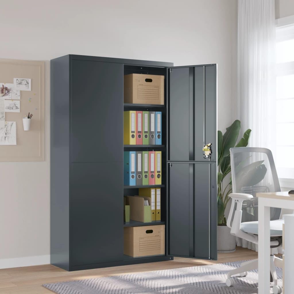 Armadietto portadocumenti antracite in acciaio verniciato a polvere, 105 x 40 x 180 cm, 4 ripiani, porta a battente richiudibile, per ufficio, home office, archivio, cartelle, documenti e