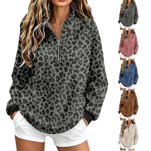 3/4 Zip Pullover Womens Leopard Print Mockneck Fleece Oversized Sweatshirt - image 8