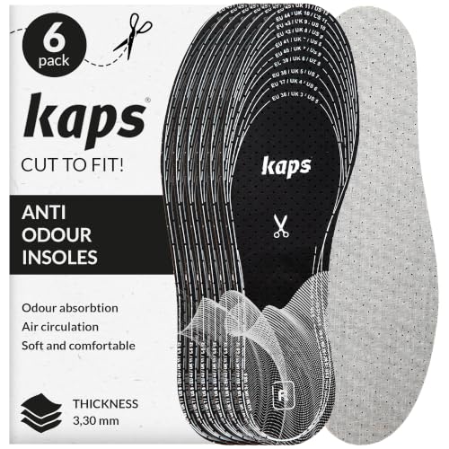 6 Pair Pack Anti Odour Shoe Insoles Set with Odor Eating Charcoal | Shoe Inserts | Kaps Odour Stop | Cut to Size