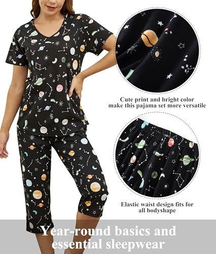 Image of PNAEONG Women Pajama Set Sleepwear Tops with Capri Pants Casual and Fun Prints Pajama Sets