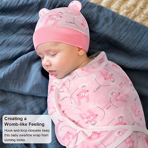 Image of DRESHOW BQUBO 3 Pack Newborn Baby Swaddle Blanket with Hats Infant Adjustable Velcro Swaddling Wraps with Bear Ears Cap for 6-12 Lbs Newborns & 0-3 Months Girls Boys