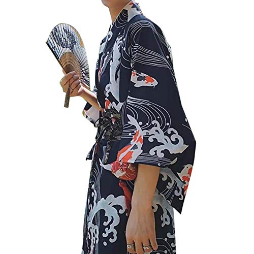 Men's Japanese Traditional Kimono Robe Long Sleeve Spa House Bathrobe Easy Wearing Yukata Sleepwear Nightgown Unisex with OBI Belt Set Navy2