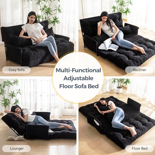 MAXYOYO Adjustable Floor Sofa Couch with 2 Pillows, Multi-Functional Bean Bag Bed, 5-Position Foldable Lazy Sofa Sleeper Bed with Armrest, Versatile Floor Seating for Reading, Black, Double - Image 5