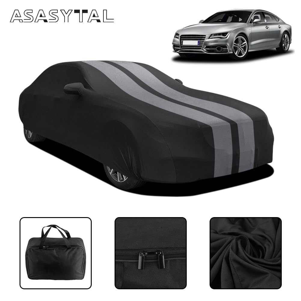 Bâche de Auto Intérieure, de Saloon/Berline Housse de Couverture Voiture Respirante Extensible en Velours élasticité, pour l'exposition de Garage/Voiture, L4.9~5.25M, Gris Rayé + Noir