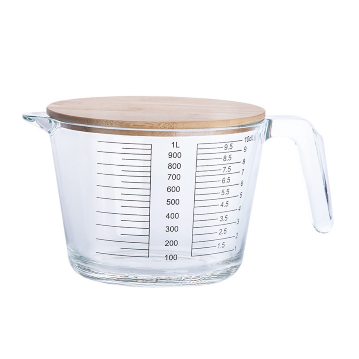 SOLUSTRE 1pezzi Misurino Graduato in Vetro Resistente Al Calore Utensile Da Cucina Per Misurare Ingredienti Con Design Trasparente e Coperchio in Legno Per Protezione