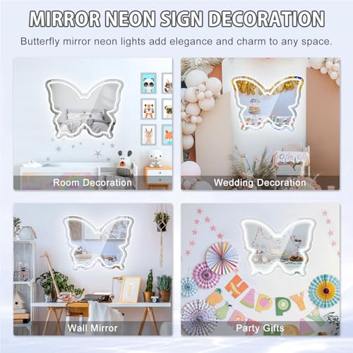 Image of Butterfly Neon Sign Mirror, LED Neon Sign for Wall Decor, 15.7'' x 12'' Dimmable Neon Light for Teen Girls & Kids Birthday Gift, Neon Signs for Room Decor, Wall Mirror, USB Powered (Daylight White)