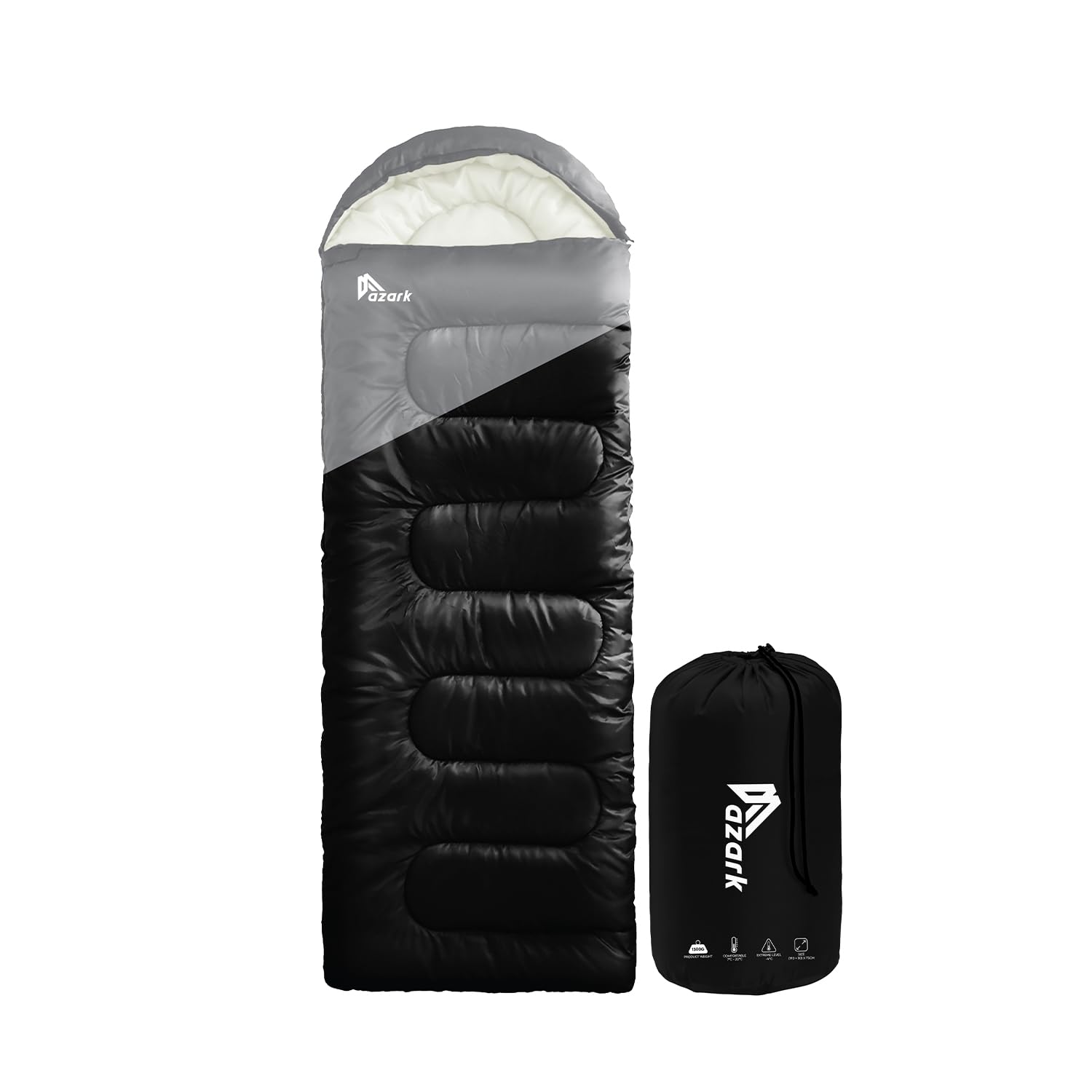 azark Premium Lightweight Sleeping Bag for Adults & Kids, 400 GSM, 4 Season Waterproof Sleeping Bag, Comfortable & Portable, Machine Washable, Camping & Hiking Essential (Black/Grey)