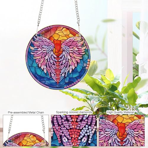 Image of AiYuanzsh Feather Diamond Art Painting Hanging Pendant Kit Special Shaped Diamond Dots Art Acrylic Ornaments Diamond Art Pendant for Adult Home Wall Window Decor Gift