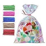 100 Pack Iridescent Holographic Cellophane Party Favor Treat Bags with 5 Colors Twist Ties Good for Themed Celebrations Baby Showers Weddings Girls Birthday Party Supplies (5