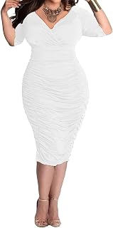 Women's Plus Size Bodycon Sexy V Neck Short Sleeve Ruched Cocktail Midi Dresses