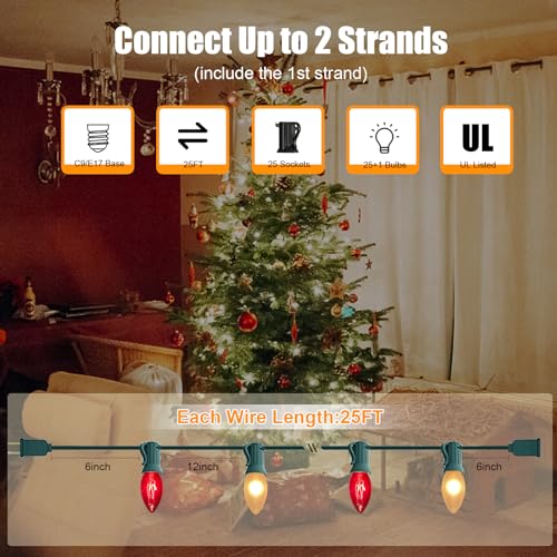 Image of C9 Red and White Christmas String Lights 25Ft C9 Outdoor Christmas Decorations Lights with 26 Red Frosted White Bulbs, Vintage Christmas Light Waterproof for Patio Roofline Party Holiday Garden