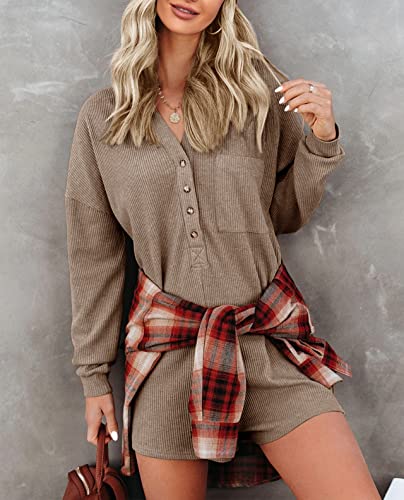 Saodimallsu Womens V Neck Button Romper Casual Waffle Knit Long Sleeve Playsuit Short One Piece Jumpsuit Outfit With Pocket #TOP2