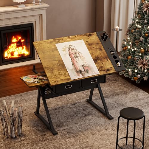 KEIKI Drafting Table with Stool & Adjustable Legs, Wood Art Craft Desk with Tilting Tabletop & Large Storage Drawers, Artists Diamond Paintings Work Station for Home Office Writing Sketching, Brown