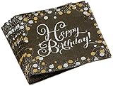 Farblich sind die Servietten schwarz gehalten und mit einem silbernen Schriftzug Happy Birthday versehen. Um die Aufschrift herum befinden sich Punkte in den Farben Gold und Silber