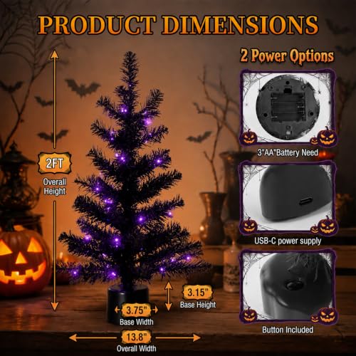 Halloween Decor, 2FT Black Rotating Halloween Tabletop Tree, Pre-Lit with 35 Purple LED Lights,Battery Powered Tree for Halloween, Fall, Christmas & All Season Indoor Holiday Decor - image 2