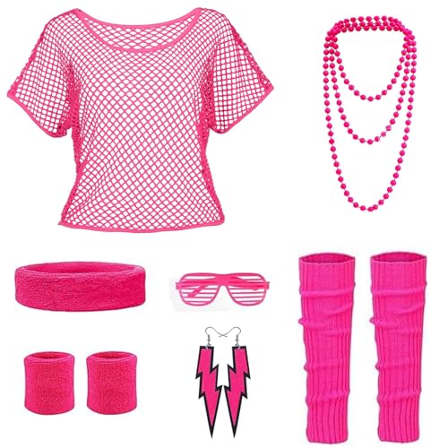 DGUSO Déguisement Année 80, Deguisement Annee 80 Femme Accessoires Annee 80 Déguisement Années 80 T-Shirt en Maille, Bandeau, Boucles d'Oreilles, Costume Annee 80 pour Thème Fête Femmes (Rose)