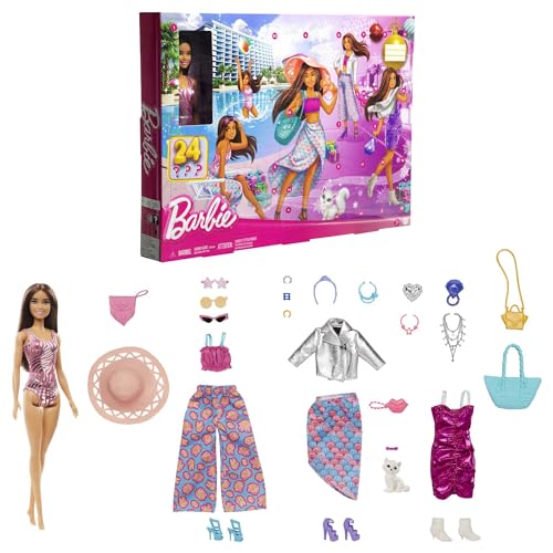 Barbie-Puppe und Mode-Adventskalender, 24 Kleidungsstücke und Accessoires wie Badeanzug, Kleid, Hut...