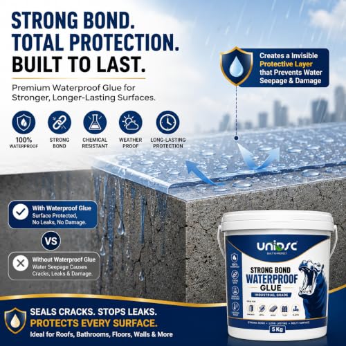 Image of UNIDSC Strong Bond Transparent Waterproof Glue with Brush | Self-Leveling Formula | Dries Crystal Clear with Brush-Mark-Free Glossy Finish | Sealant for Roof, Wall Cracks, Bathroom & Tiles | 5 KG