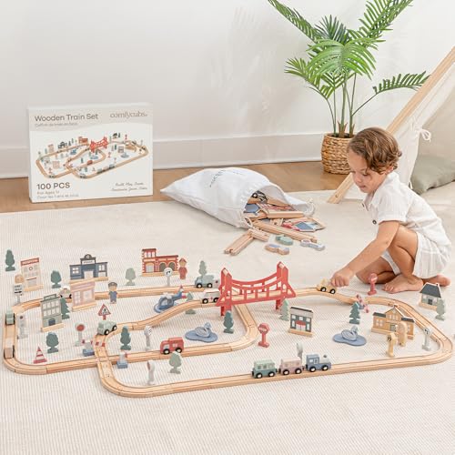 Image of Comfy Cubs 100-Piece Wooden Train Set for Toddlers Ages 1+, Fun & Eco Friendly Toddler Train Set with Wooden Toy Tracks - Creative Toy Town Promoting Imaginative Play with Flexible Configuration
