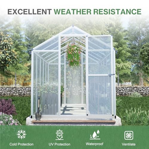 Aoodor 6 x 10 Ft Walk-in Greenhouse with Gutter, Polycarbonate and Heavy-Duty Aluminum Frame, Adjustment Skylight and Lockable 2-Sided Door for Patio, Outdoor, Yard, Lawn Use, Silver