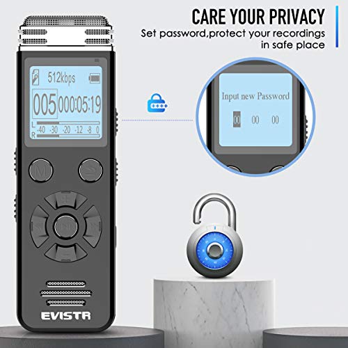 EVISTR V508 Digital Voice Recorder for Lectures Meetings - Portable Recording Devices with Playback, Line-in, Password, USB Rechargeable