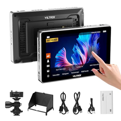 VILTROX DC-L1 7 Monitor de Campo para Cámara con Pantalla Táctil y Amplio ángulo de Visión de 170°,600nits,HD 1280x800 IPS Entrada/Salida HDMI 4K, Asistente de Enfoque 3D Lut Peaking,Batería,Parasol