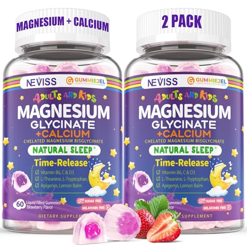 Neviss Magnesium Glycinate + Calcium Filled Gummies for Adults and Kids 4+ Kids Sleep Gummies Melatonin Free No Sugar Magnesium Supplement w/B6 D3 L-Theanine for Zzz Relax Brain Bone Muscle 2Pack