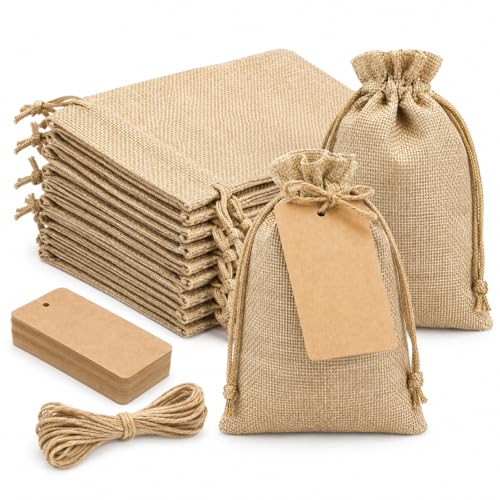 G2PLUS 24 Pcs Burlap Gift Bags with Drawstring 5x7 Inch Rustic Gift Favor Bags with Kraft Tags & Jute String for Wedding Favors DIY Crafts Birthday & Coffee Packaging