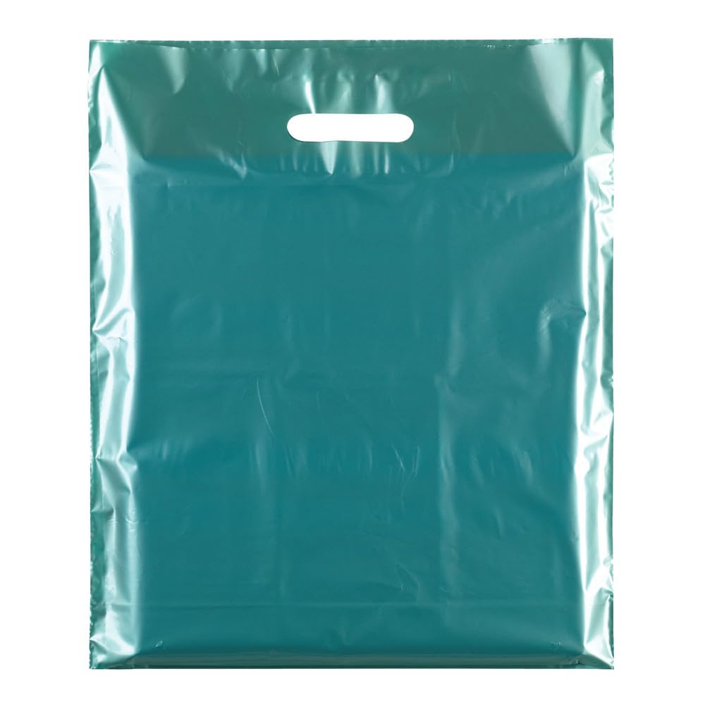 100x HEAVY DUTY STRONG COLOURFULL PLASTIC CARRIER PATCH HANDLE BAGS, PARTY, BOUTIQUE GIFT BAGS (Metallic Green, MEDIUM (15" X 18"+3))