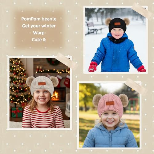 CIATBYYJ Wintermützen Kinder Mädchen, Warme Bommelmütze, Weiche Strickmütze Beanie Mütze Warm Mütze, Süße Wintermütze mit Zwei Bommeln für Mädchen und Jungen(Khaki)