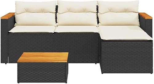 Miniatura 4 de Modern 3-Piece Garden Sofa Set in Black and Cream White, Outdoor Modular Seating with Woven Poly Rattan and Acacia Wood, UV-Resistant Weatherproof