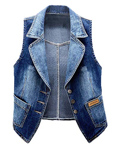 Kedera Women's Lapel Collar Washed Denim Vest Button Up Waistcoat Jacket