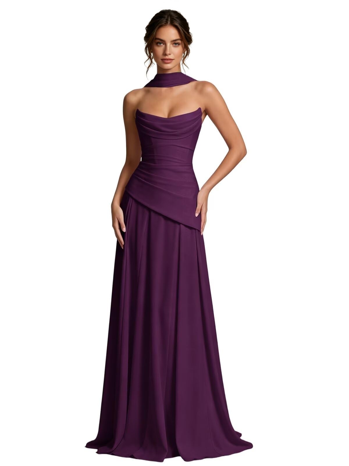 Vestidos largos de gasa sin tirantes para dama de honor para boda con bufanda, morado, 42 | Vestido de fiesta de noche, plisado, acampanado, formal, vestido largo para invitada de boda