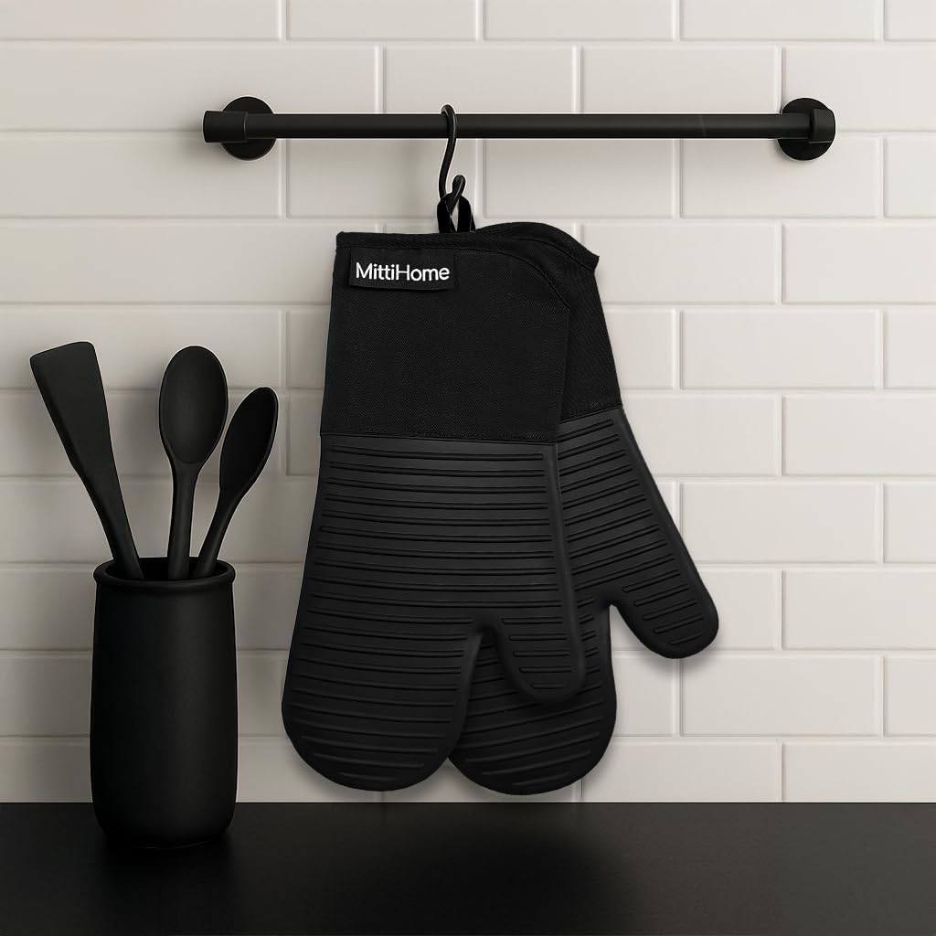 MittiHome™ Heat Resistant Oven Mitts (Set of 2) – 500°F Non-Slip Silicone Kitchen Gloves with Quilted Cotton Comfort (Black)