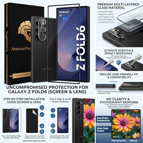 Image of ArmourPro Tempered Glass and Black Camera Lens Protector for Samsung Galaxy Z Fold 6, Edge to Edge Screen Guard, Anti-Bubble, Scratch Resistant, HD Clear, Anti-Fingerprint, Installation Kit | Black