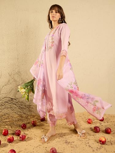 Image of INDO ERA Women's Lavender Silk Blend Embroidered Straight Kurta And Pant With Dupatta Set