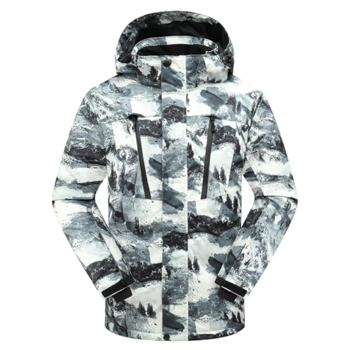 PHIBEE Men's Waterproof Ski Jacket Winter Warm Snow Coat Windproof Hooded Rain Jacket Print XXL