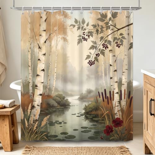 Xiazhilaio Birch Tree Forest Shower Curtain with Rust-Proof Hooks, 71Wx74L