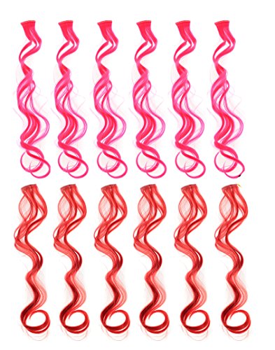 SWACC 12 Pcs Multi-Colors Party Highlights Clip on in Hair Extensions Colored Hair Streak Synthetic Hairpieces (20-Inch Curly, 6 Pcs Hot Pink + 6 Pcs Red)