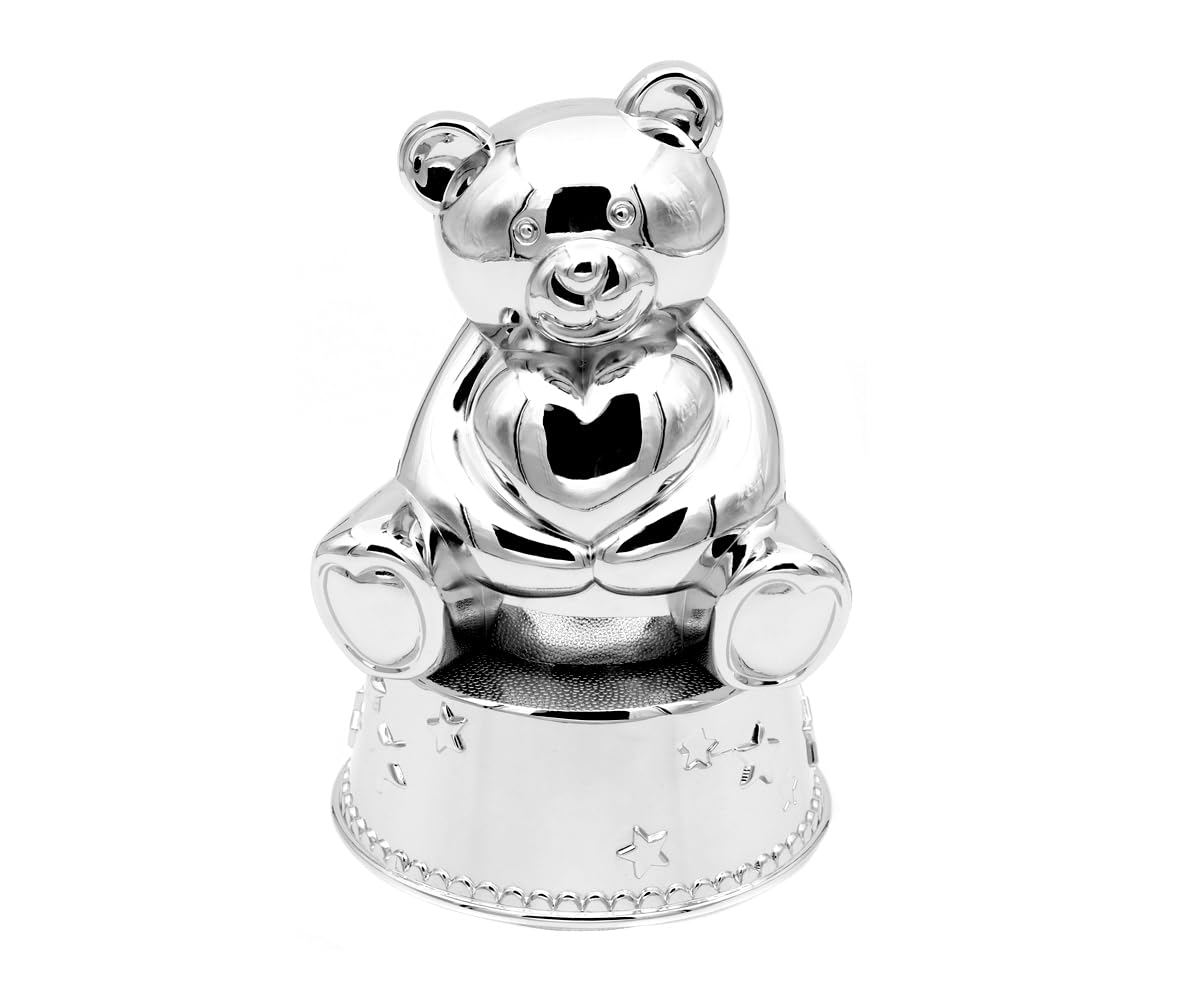 Design Kinder Spardose mit Spieluhr Bär Herz aus Metall versilbert Baby-Spieluhr Geschenk Taufe Einschlafhilfe Melodie La Vie en Rose (Gravur bis 25 Zeichen)