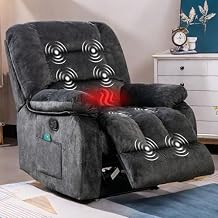 ANJ Oversized Manual Recliner Chair with Massage and Heat, Breathable Fabric Rocker Recliners for Big Man with Extra Side Storage Pocket, Overstuffed Reclining Chair for Living Room Bedroom Grey