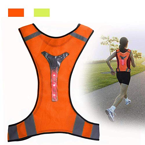 Aesy Gilet Réfléchissant, Gilet de Sécurité avec Bandes Réfléchissantes et 3 LED, Gilet de Cyclisme de Haute Visibilité pour la Course de Nuit, Marche, Cyclisme, Jogging, Velo VTT (Orange)