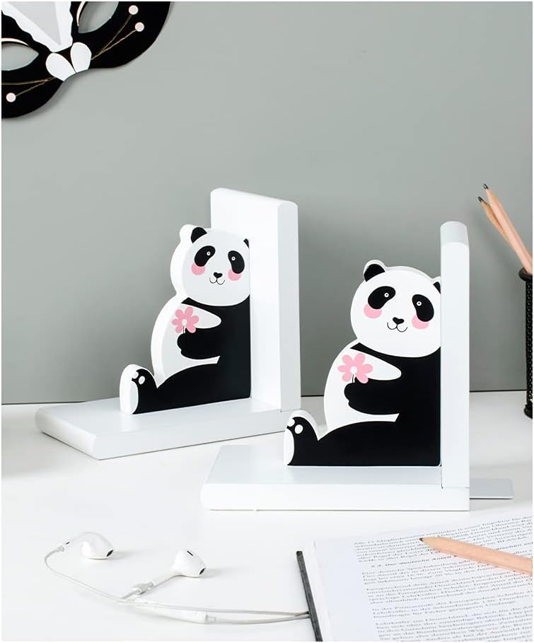 JAHbaby Wooden Panda Bookends for Kids White Black Lovely Panda Thematic Bookends for Kids Nursery Decor