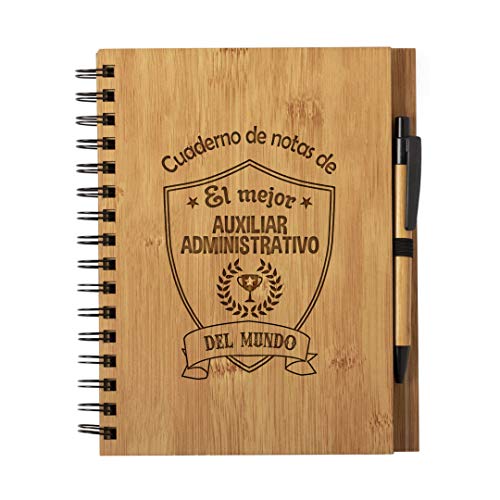Planetacase - Cuaderno De Notas El Mejor Auxiliar Administrativo Del Mundo - Libreta De Madera Natural Con Boligrafo - Bloc de Notas A5 con 80 Hojas - Diseño Grabado en Bajorrelieve