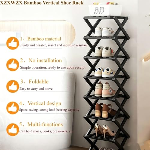 XZXWZX Schuhregal Schmal Schwarz,Klein Faltbar,Bambus,Platzsparend,Regal für Eingangsbereich, Schlafzimmer, Schrank, Wohnzimmerecke(8 Tier) – Ansicht 4
