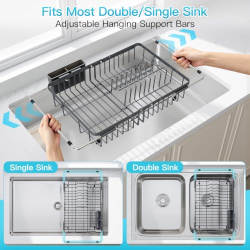 Image of JASIWAY Gray Dish Drying Rack Over the Sink with Utensil Holder
