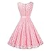 Produktbild Amphia Damen Spitzen Rockabilly Kleid Festlich Partykleid Cocktailkleid Brautjungfern Kleid Rundhals/V Ausschnitt Ärmellos (Rosa, S)