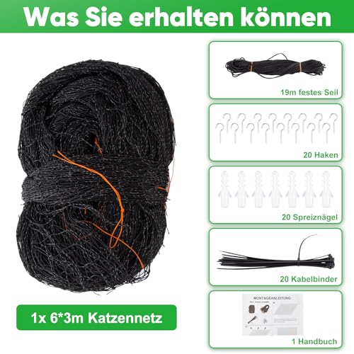 Hengu Katzennetz für Balkon, 6x3m Katzennetz Drahtverstärkt Balkonnetz Katzen Netz UV-Beständig & Witterungsfest Katzenschutznetz für Balkone, Fenster - Schwarz